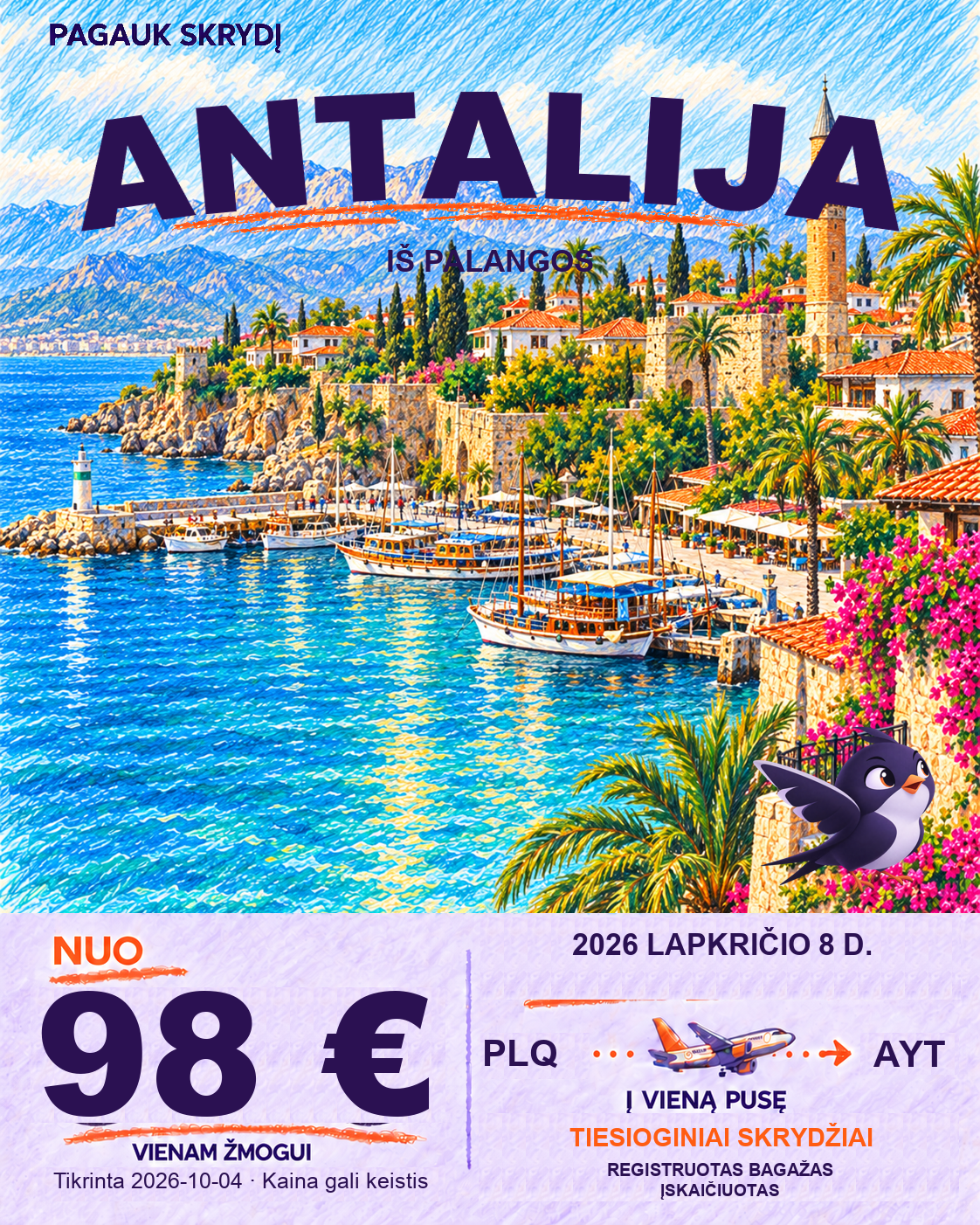 Antalija, nuo 98 € į vieną pusę