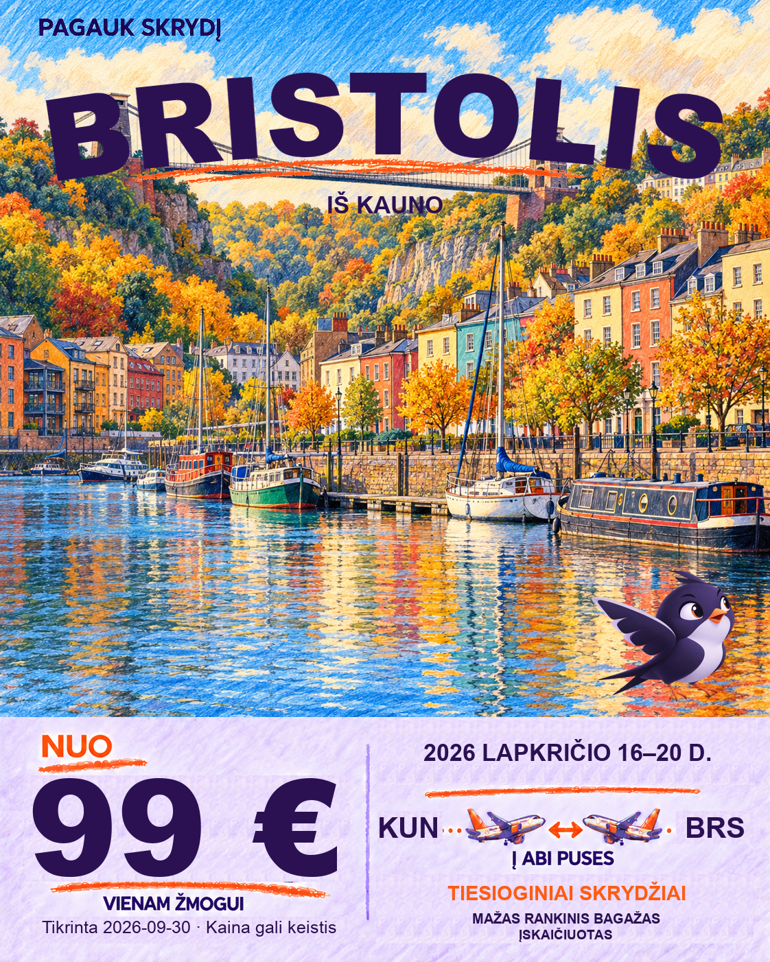 Bristolis, nuo 99 € į abi puses