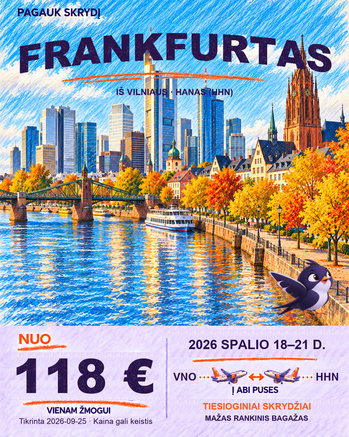Frankfurtas iš Vilniaus, nuo 118 € į abi puses