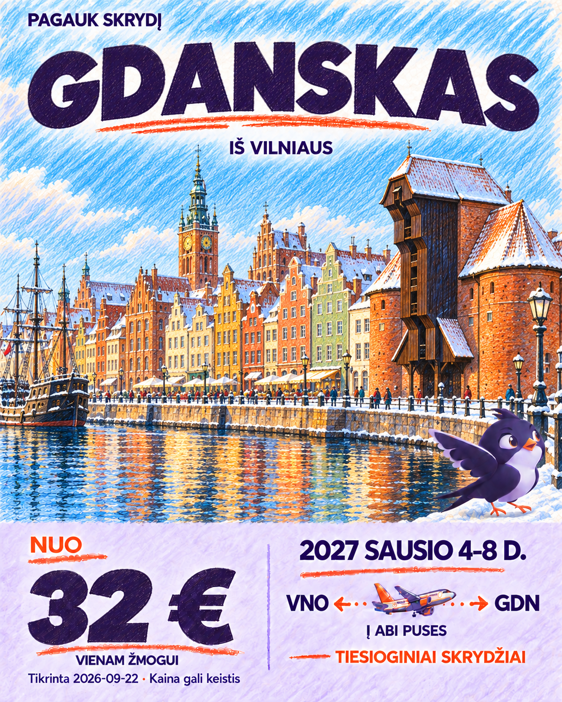 Iliustruotas Gdanskas. Sausio 4–8 d., nuo 32 € į abi puses.
