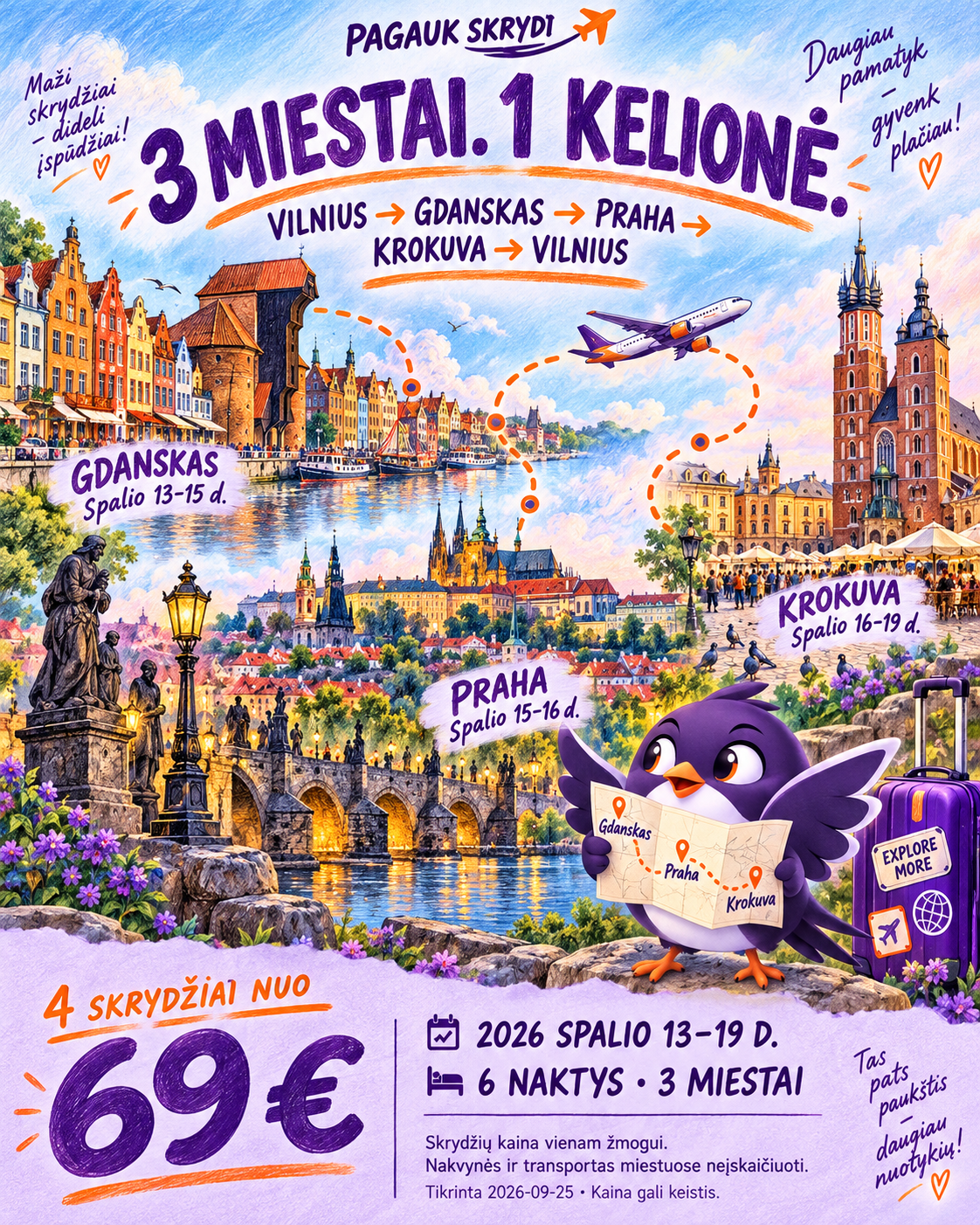 3 miestai, 1 kelionė. Keturi skrydžiai nuo 69 eurų
