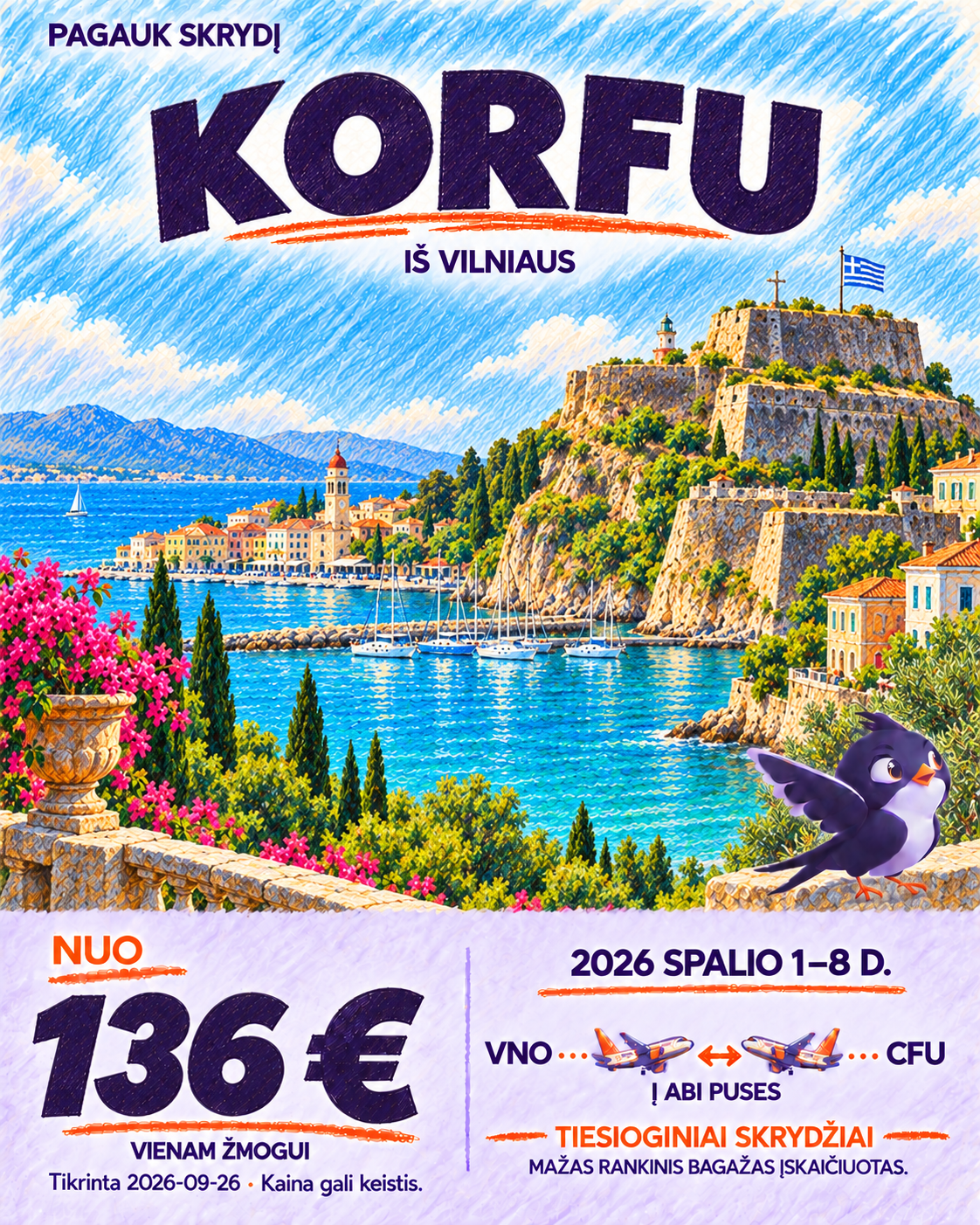 Korfu iš Vilniaus, nuo 136 € į abi puses