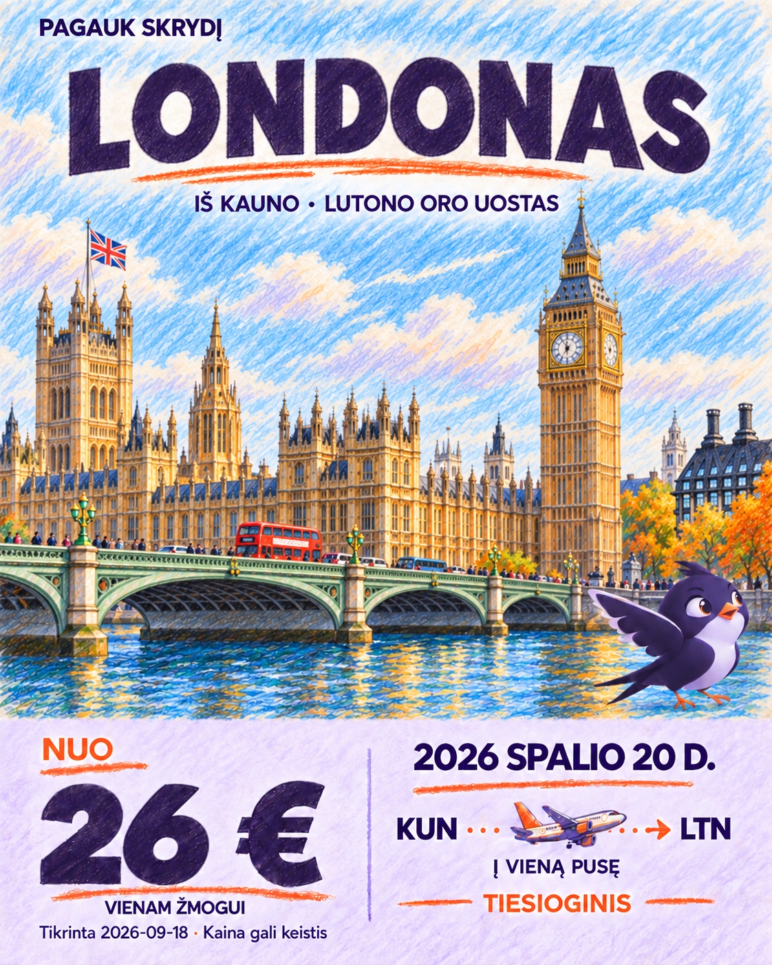 Iliustruota Londonas skrydžio pasiūlymo kortelė