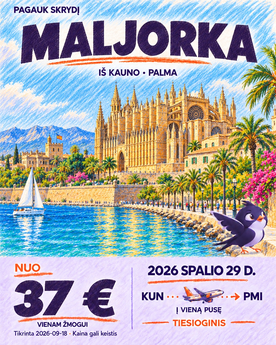 Iliustruota Maljorka skrydžio pasiūlymo kortelė