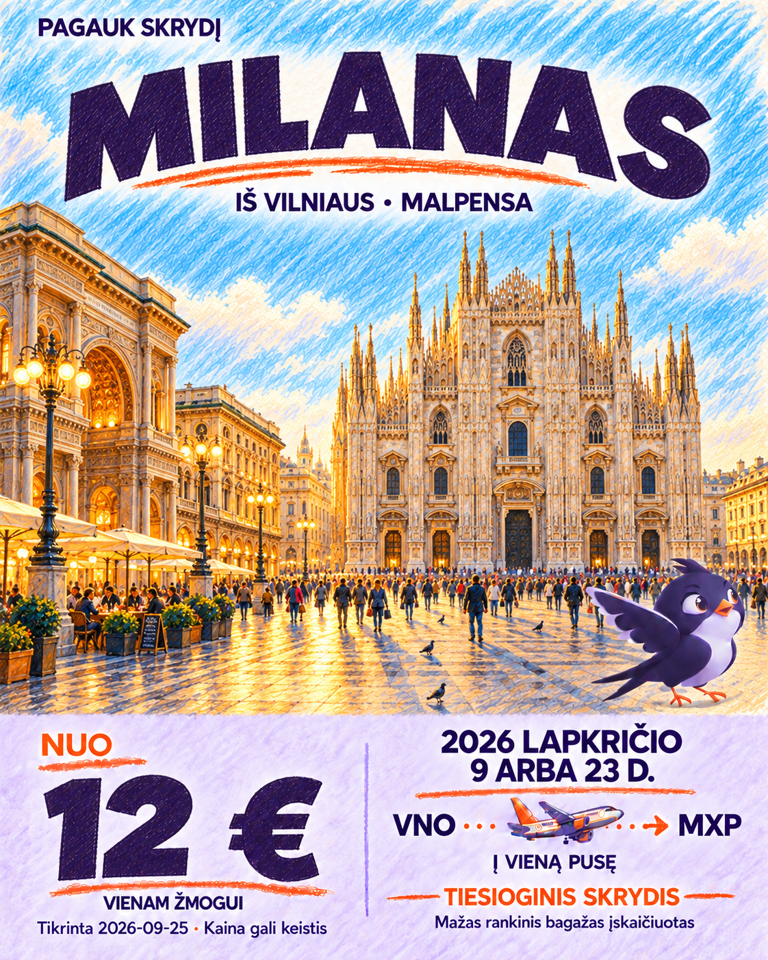 Milanas iš Vilniaus, nuo 12 € į vieną pusę