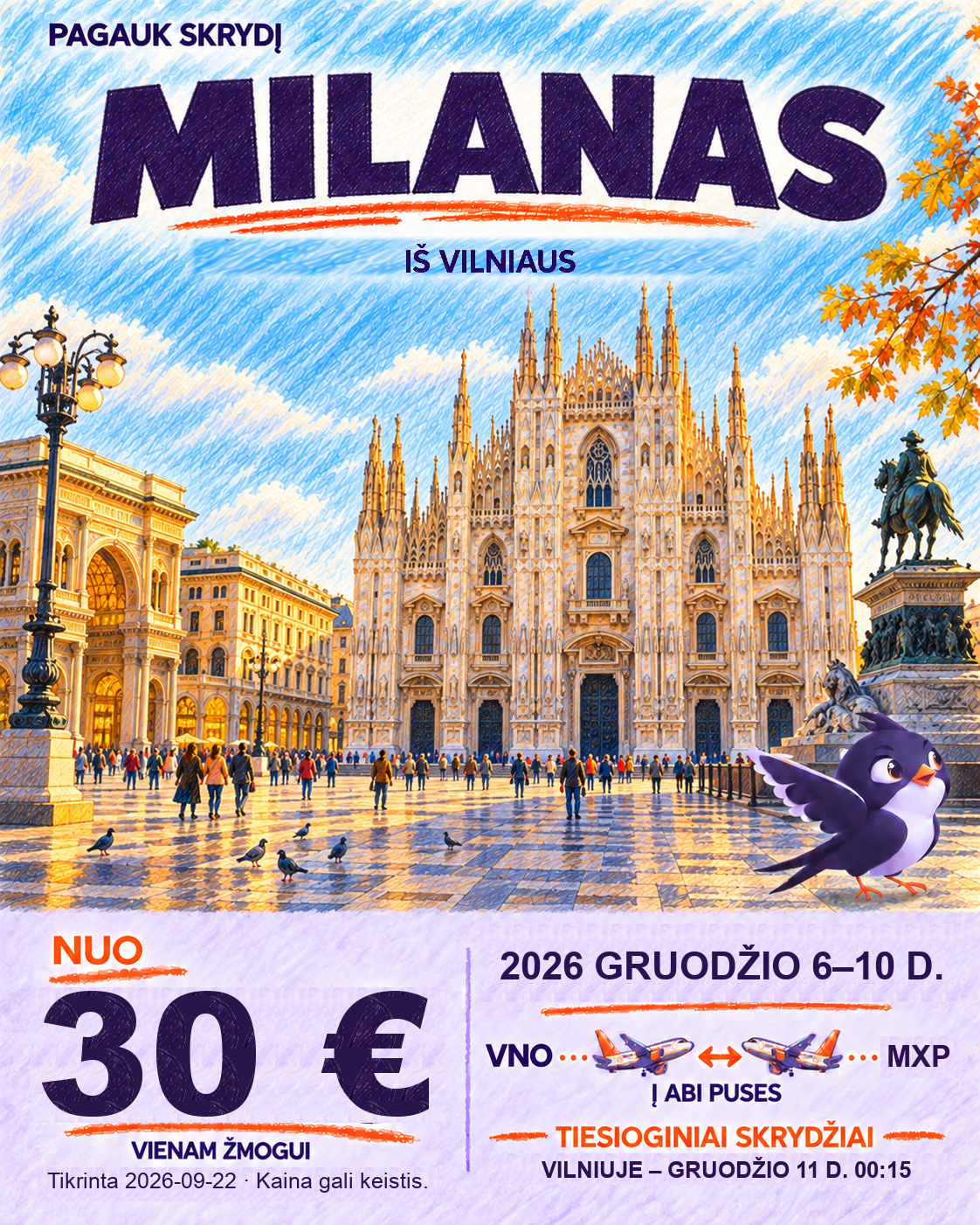 Milanas iš Vilniaus, nuo 30 € į abi puses