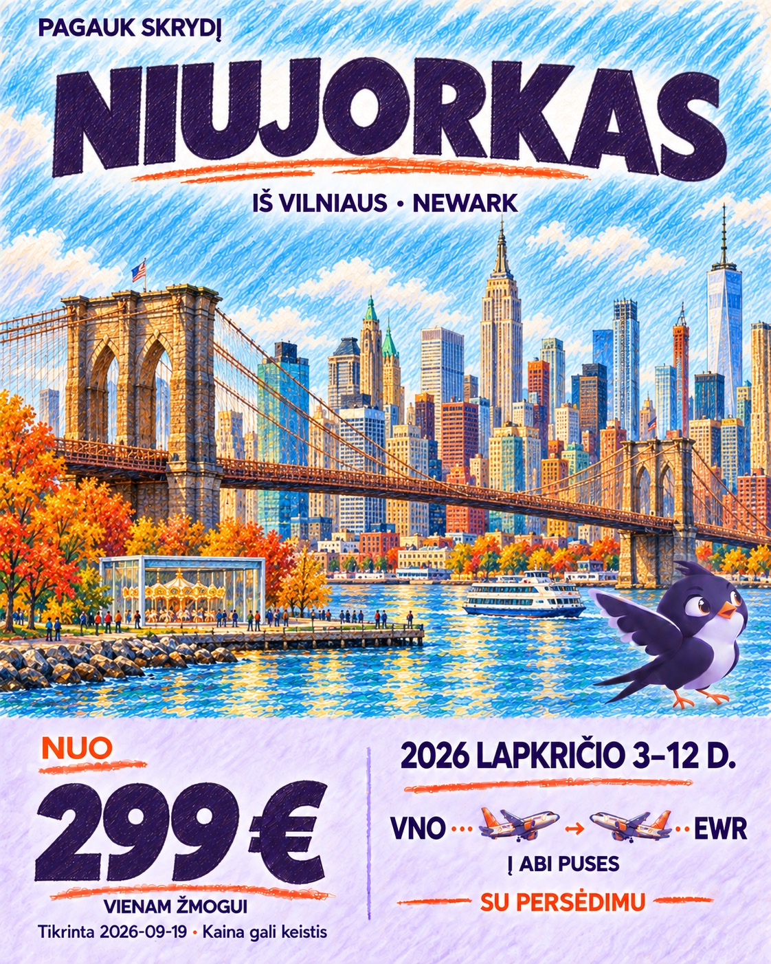 Iliustruota Niujorkas skrydžio pasiūlymo kortelė