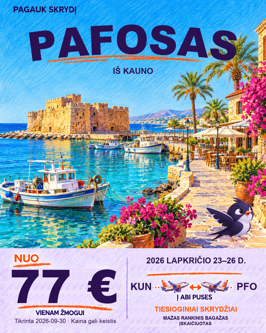 Pafosas, nuo 77 € į abi puses