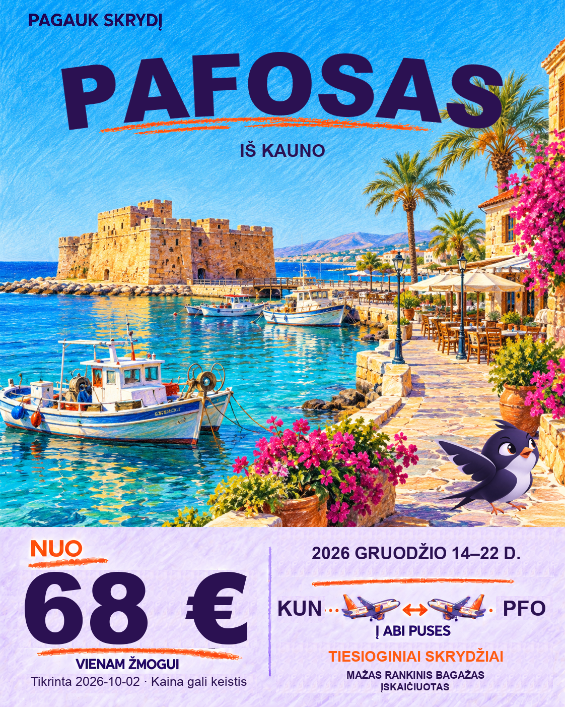 Pafosas, nuo 68 € į abi puses
