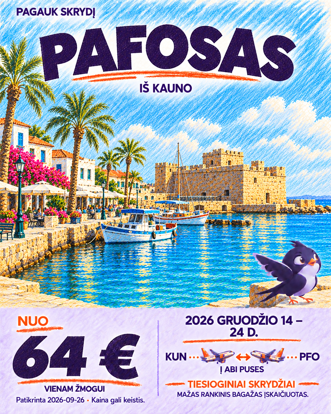 Pafosas iš Kauno, nuo 64 € į abi puses
