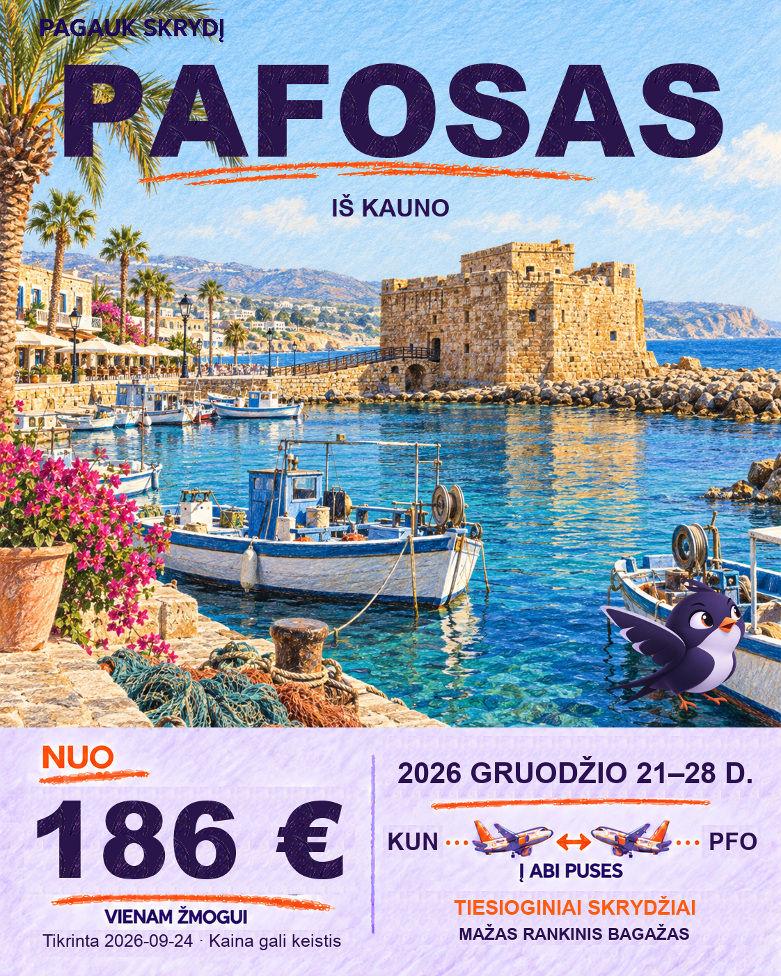 Pafosas iš Kauno, nuo 186 € į abi puses