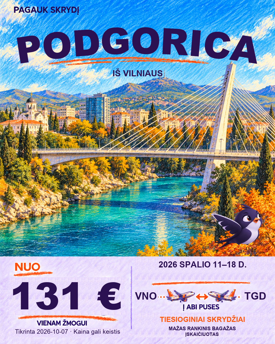 Podgorica, nuo 131 € į abi puses