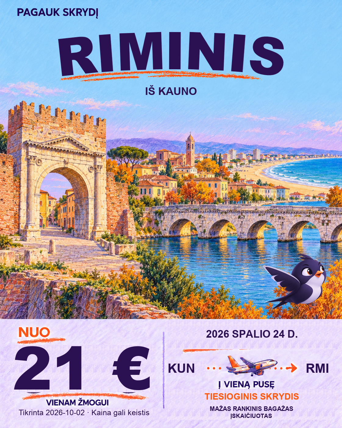 Riminis, nuo 21 € į vieną pusę