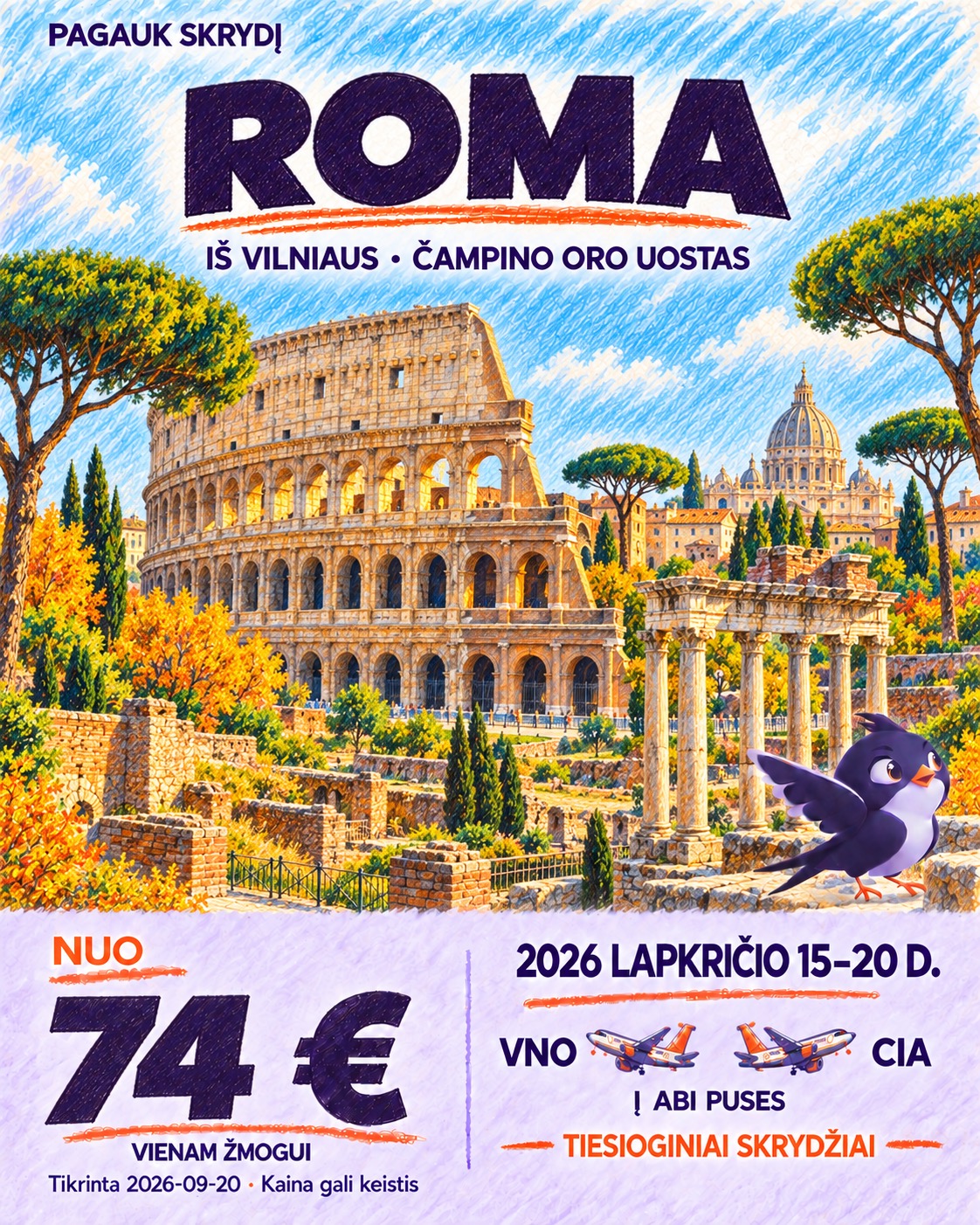 Iliustruota Roma skrydžio pasiūlymo kortelė
