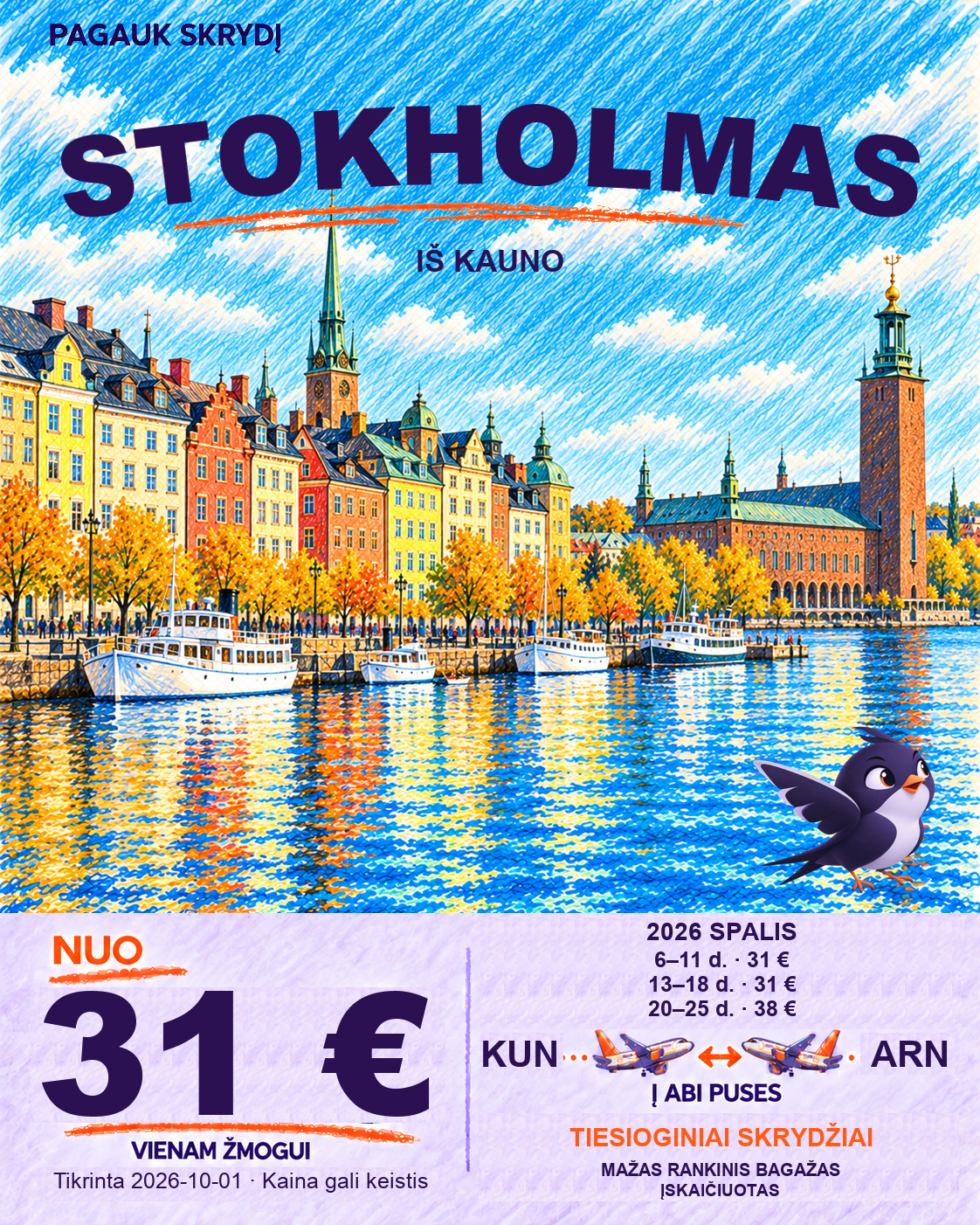 Stokholmas, nuo 31 € į abi puses
