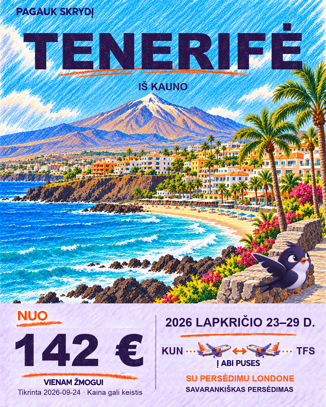 Tenerifė iš Kauno, nuo 142 € į abi puses