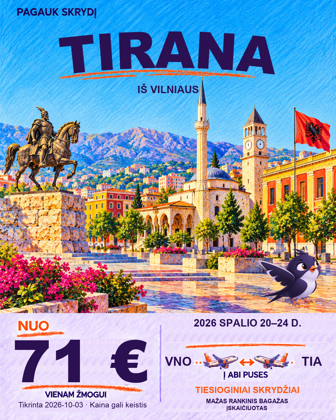 Tirana, nuo 71 € į abi puses
