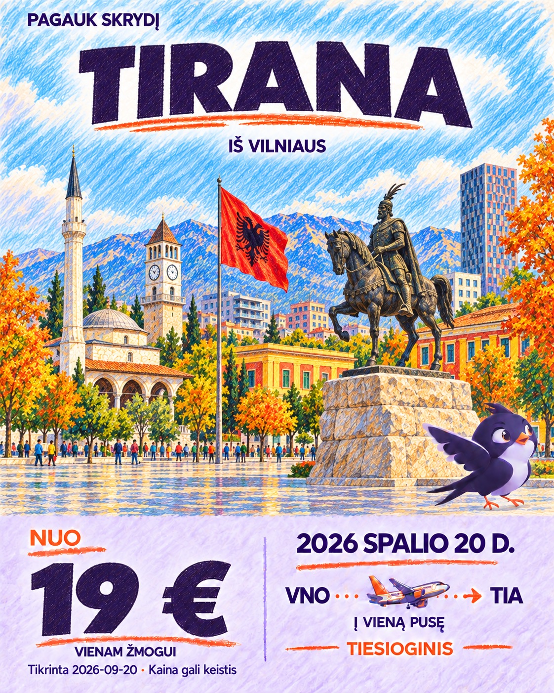 Iliustruota Tirana skrydžio pasiūlymo kortelė
