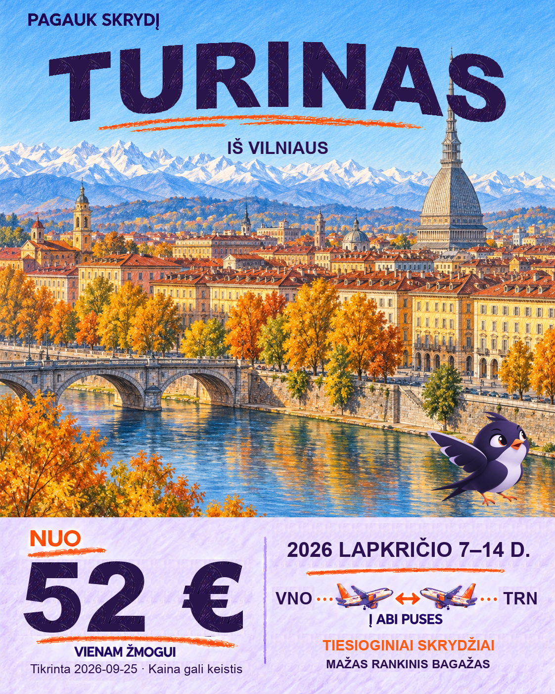 Turinas iš Vilniaus, nuo 52 € į abi puses