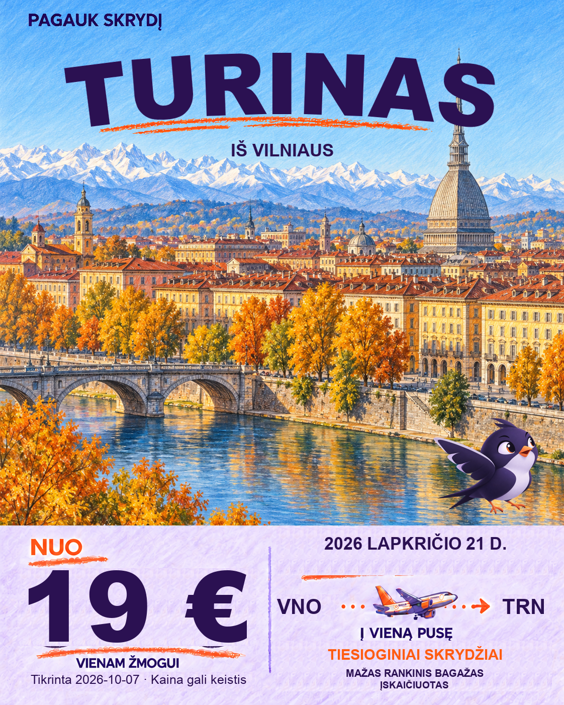Turinas, nuo 19 € į vieną pusę