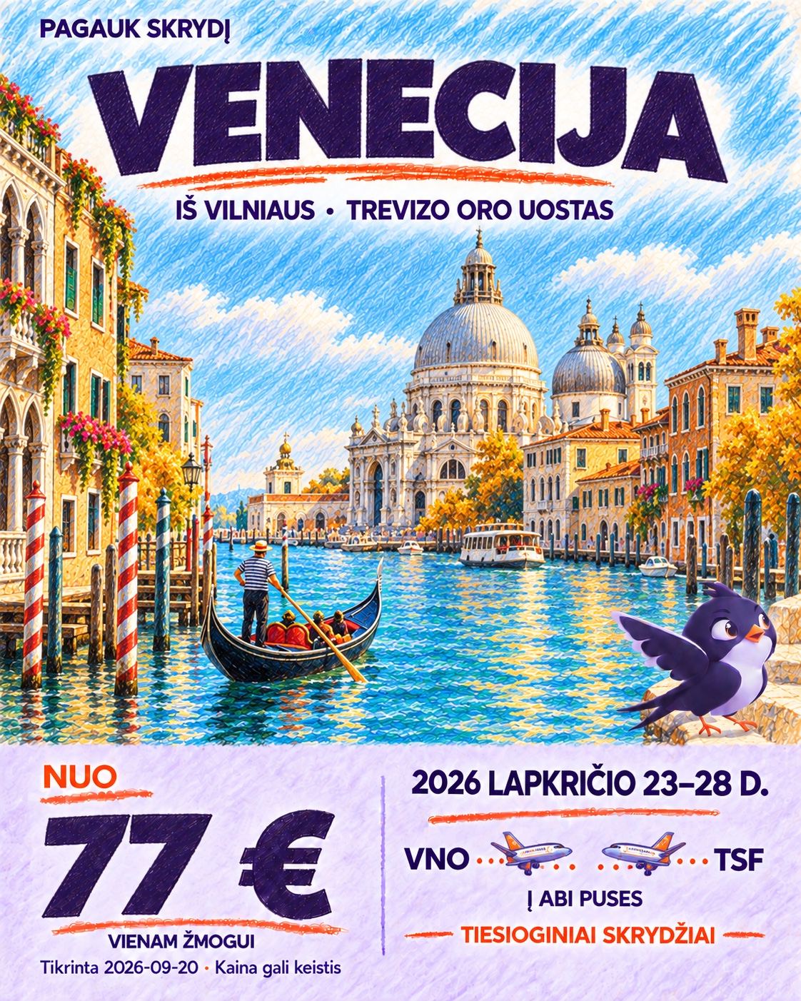 Venecija iš Vilniaus – lapkričio 23–28 d.. Nuo 77 € į abi puses.